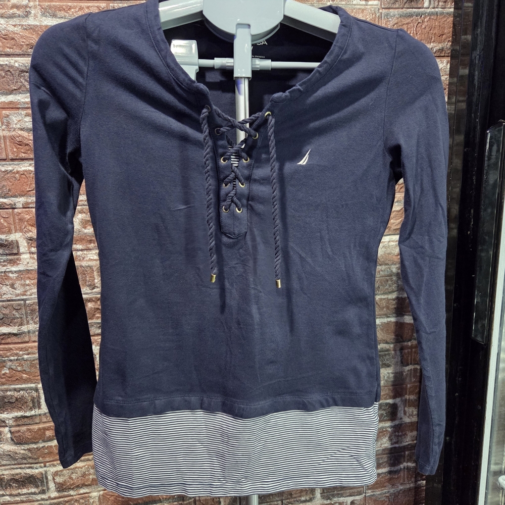 Nautica Navy Lace-Up Long Sleeve Top with Striped Hem